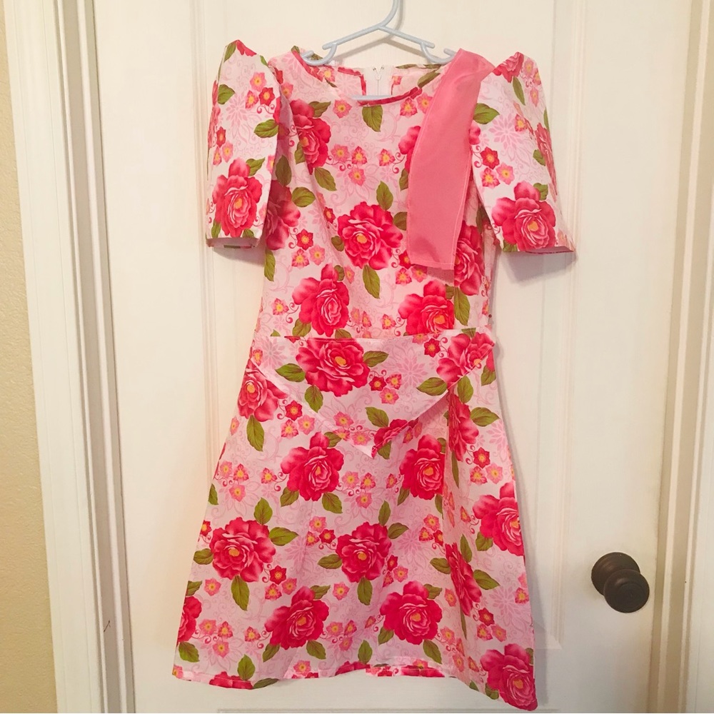 Girls Pink Floral print Patadyong/Terno Filipiniana details w/matching head band